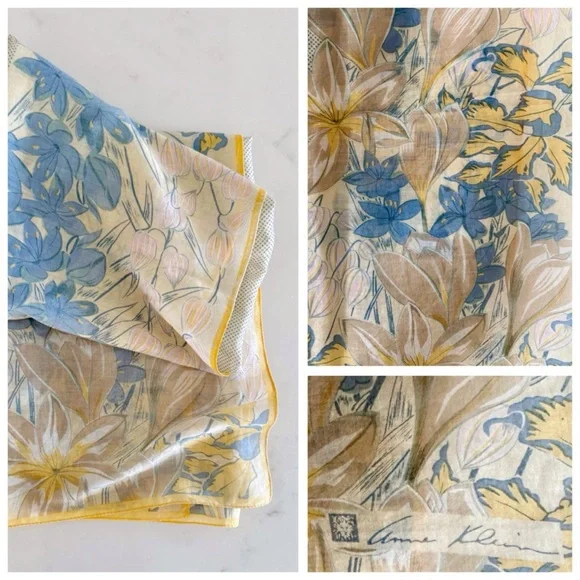 70s Vintage Anne Klein Swiss Dot & Floral Print Cottagecore Cotton Scarf Wrap - Picture 14 of 17